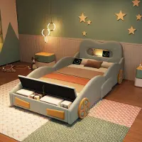Msnan Autobett Kinderbett Polsterbett Flanell mit Leselicht Ladeanschluss Bettkasten, grün 90x200 cm