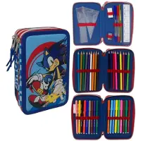 Cartoon Federmäppchen mit 3 Reißverschlüssen, mit Buntstiften und Filzstiften von Giotto, Sonic, 20 x 13 x 6 Cm, stiftehalter