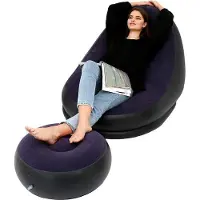 Unyqoos Aufblasbarer Freizeit‑Sessel mit Fußhocker, geflockte Oberfläche, faltbar, blau, dickes PVC, Schnellventil, 116 x 98 x 83 cm