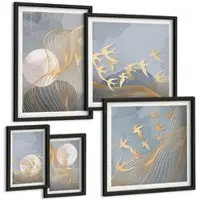 Tulup BILDER SET 5er Set - 50x50 cm & 20x30 cm & 40x60 cm Schwarzer Rahmen - Abstrakte Wellenkreise, grau