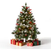 ACXIN Weihnachtsbaum künstlich mit Schneeimitat, integrierter LED-Beleuchtung, Massivholzständer, Dekorelementen, 1,5 m Raumdekoration