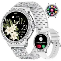 Lige Smartwatch Damen Bluetooth Anrufe für Android iOS HD Full Touch Screen Frauen Diamant Edelstahl Herzfrequenz Schlaf Monitor Kalorien 100+ Sport Mode Grau