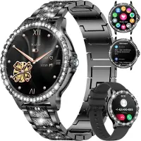 Lige Smartwatch Damen Bluetooth Anrufe für Android iOS HD Full Touch Screen Frauen Diamant Edelstahl Herzfrequenz Schlaf Monitor Kalorien 100+ Sport Schwarz