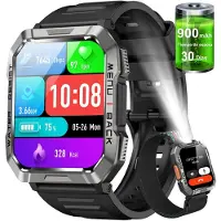 Iowodo Smartwatch Herren mit Taschenlampe Kompass 2 Armbänd und 900-mAh-Akku Wasserdichte Militär Smartwatch mit Anruff IP68-Schutz 100+ Sportmodi sowie