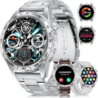 Lige Smartwatch Herren mit 3 Armbändern 400mAh Akku bis zu 15 Tage Akkulaufzeit AMOLED-Display Bluetooth-Anrufe Herzfrequenz Silber Silber-braun