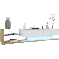 Treeboy TV-Schränke, Lowboards, Kombination aus Hochglanzweiß und Holzfarben, Glastrennwände und variable LED-Beleuchtung, kombiniert natürlichen Landhausstil mit modernem Design