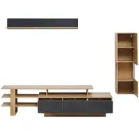 OKWISH Dreiteiliges TV-Schrank-Set mit Kleine Vitrine und Hängeregal TV-Möbel-Set mit TV Schrank und LED Beleuchtung Lowboard mit offenen Fächern und 3 Schubladen Schwarz+Natur