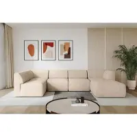 ALTDECOR Ecksofa Wohnlandschaft MOVO-L 345x180x78 cm - Beige Velours Corner Sofa Eckcouch Couch U-Form, Rechts angeordnet Ausziehbar