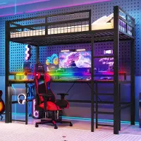 ALFORIGO Hochbett 90 x 200 cm mit Schreibtisch, LED-Lichtleiste per App, USB, Typ-C, 2 Steckdosen und Lochwand, Metall und MDF, Schwarz
