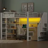 ALFORIGO Metall-Hochbett 140x200 cm mit Treppe, Schreibtisch, 4-stöckigem Regal, USB-Ladestation und APP-steuerbarem LED-Licht, 250 kg, Weiß