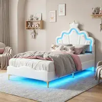 INONEFT Kinderbett 90x190 cm mit LED-Beleuchtung, Polsterbett mit Verstellbares Kopfteil in Kronenform, Modernen Einzelbett mit Lattenrost, PolyurethanWeiß