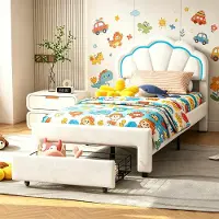 INONEFT Kinderbett 90x200cm mit LED, Polsterbett mit Blumenform Kopfteil, Jugendbett Einzelbett mit Schublade, Samt