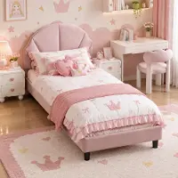 INONEFT Kinderbett Polsterbett 90x190cm, Einzelbett mit verstellbarem Kopfteil und Lattenrost, Jugendbett für Mädchen und Teenager, Samt, Rosa