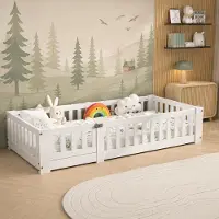 INONEFT Bodenbett 80x160 cm mit Rausfallschutz,Kinderbett mit Abnehmbare Turverkleidung, Montessori bed, Massivholz, ohne Matratze, Weiß