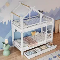 Ropilly Etagenbett 90x200 cm Weiß aus Kiefer, MDF mit Schubladen und Regalen, Hausbett mit dreistufiger rechtwinkliger Leiter