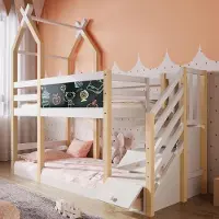 Ropilly Etagenbett 90x200cm Kinderbett im Baumhaus Design aus Kiefer-Massivholz und MDF, mit Tafel, Stauraumtreppe, Schubladen und Rausfallschutz