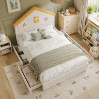 Ropilly Kinderbett 140x200cm als gepolstertes Hausbett in Beige mit 4 Schubladen, französischem Samt und Haus-Kopfteil für das Kinderzimmer