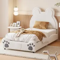 Ropilly Kinderbett 90x200cm Polsterbett für Kinder in Bärenform mit hautfreundlichem Veloursbezug, weißes Einzelbett für Kinder Schlafzimmer