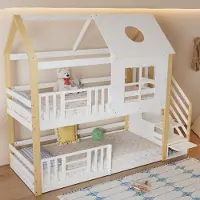 Ropilly Etagenbett 90x200 mit Aufbewahrungstreppe, Hausbett mit Fenster und Dach, Weiß Natur, 100% Kiefer, MDF
