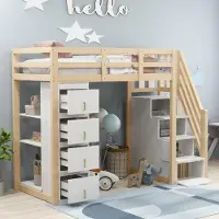 Ropilly Hochbett 90x200cm mit Stauraum, Massivholz-Hochbett in Naturholz mit 4 Schubladen, 3-stufigem Regal und Sicherheitsleiter für Kinderzimmer