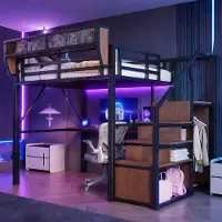 ALFORIGO Hochbett 140 x 200 cm mit 2 m Schreibtisch, LED-Lichtleiste, Steckdose, Sicherheitsleiter und flexiblem Regal, Metall und MDF