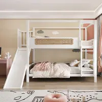 Ropilly Kinder Etagenbett 90x200cm mit Rutsche, hausförmigem Bettrahmen, Sicherheitsleiter und Lattenrosten, weiß natur aus Holz für Kinderzimmer