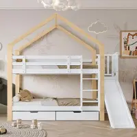 Ropilly Etagenbett mit Rutsche 90x200cm aus Massivholz und MDF, Hausbett mit Absturzsicherung, dreistufiger Winkelaufstiegsleiter und 2 Schubladen