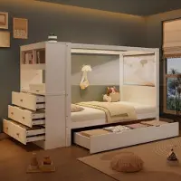 Ropilly Bettgestell 90x200 cm Weiß aus Kiefernholz, MDF, Sperrholz mit Stauraum, Kinderbett 90x200 mit Fallschutz für Schlafzimmer