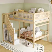 Ropilly Hochbett 140x200cm aus Massivholz mit Aufbewahrungstreppe und Stauschrank, Jugendbett aus Holz mit hohem Geländer in Holzfarbe natur