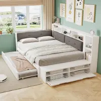 Ropilly Jugendbett 120x200cm aus Holz mit Ausziehbett 90x190cm, gepolstertem Kopfteil, seitlichen Regalfächern, Schuhbank mit Stauraum und Ladefunktion