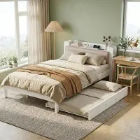 Ropilly Funktionsbett 120x200cm aus Holz in Weiß mit Ausziehbett 90x190cm, gepolstertem Kopfteil und Ladestation für Kinderzimmer, Jugendzimmer oder Gästezimmer