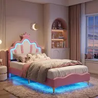 INONEFT Kinderbett 90x190 cm mit LED-Beleuchtung, Polsterbett mit Verstellbares Kopfteil in Kronenform, Modernen Einzelbett mit Lattenrost, PolyurethanRosa