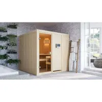 Karibu Woodfeeling Sauna Oulu (Fronteinstieg), Ganzglastür, bronziert, Ofen 9 kW externe Steuerung easy