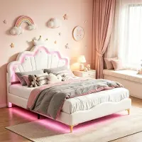 INONEFT Kinderbett 140x190cm, Polsterbett mit Led, Prinzessinnenbett mit kronenförmigem Kopfteil, Jugendbett, Einzelbett mit Lattenrost, PU, Weiß