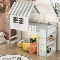 Ropilly Kinderbett 90x200cm Hausbett mit Dach aus Massivholz, grün, mit Sicherheitsleiter, Ablagefach und Lattenrost für Kinderzimmer