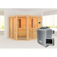 Karibu Sauna Ava (Eckeinstieg), Ganzglastür, bronziert, Ofen 9 kW externe Steuerung easy