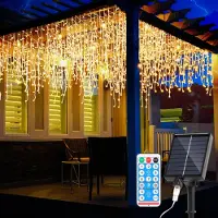Peviasot 5 M LED Solar Lichterkette LED Eisregen 200 LEDs Eiszapfen Lichtervorhang mit Fernbedienung Innen Garten Deko Warmweiß