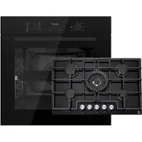 Böhme Einbaubackofen Schwarz Glas mit Heißluft, Timer, 1-fach Teleskopauszug HB60F78PPB + Gasline GAG75GLG Gaskochfeld 75cm Schwarz Glaskeramik