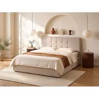 Vente-unique Bett mit Bettkasten - 200 x 200 cm - Stoff - Beige - ELIAVA