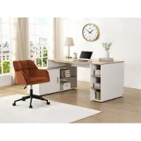 Vente-unique Eckschreibtisch mit Stauraum - MDF - Weiß und naturfarben - ROMIARA