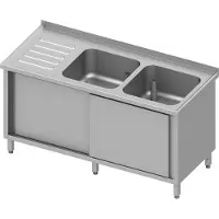 Stalgast Spülschrank mit Schiebetüren, 1500x600x850 mm, mit zwei Becken rechts, mit Aufkantung, verschweißt