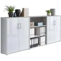 Moebel-dich-auf Aktenschrank TABOR 9 in lichtgrau / weiß Hochglanz, Schrankwand, Büroschrank, abschließbar, Metallgriffe