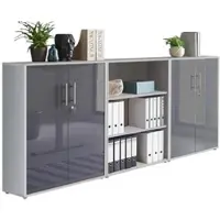 Moebel-dich-auf Aktenschrank TABOR 9 in lichtgrau / anthrazit Hochglanz, Schrankwand, Büroschrank, abschließbar, Metallgriffe