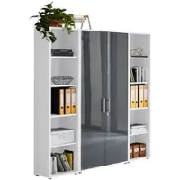 Moebel-dich-auf Aktenschrank TABOR 3 in weiß / anthrahzit Hochglanz, Schrankwand, Büroschrank, abschließbar, Metallgriffe