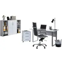 Moebel-dich-auf Büromöbel-Set TABOR 2 in lichtgrau / weiß Hochglanz, Arbeitszimmer Komplett-Set Büro