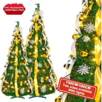 LZQ Pop Up Weihnachtsbaum 150 cm Grün | 100 LED (8 Modi), Faltbarer Weihnachtsbaum mit Schneeflocken-Dekor, Innen & Außen