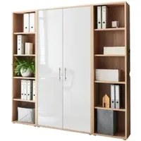 Moebel-dich-auf Aktenschrank TABOR 3 in Eiche Sonoma / weiß Hochglanz, Schrankwand, Büroschrank, abschließbar, Metallgriffe