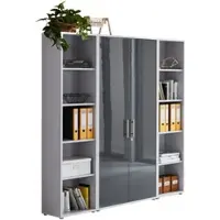 Moebel-dich-auf Aktenschrank TABOR 3 in lichtgrau / anthrazit Hochglanz, Schrankwand, Büroschrank, abschließbar, Metallgriffe