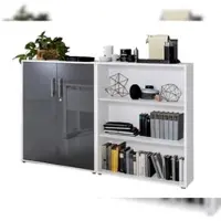 Moebel-dich-auf Aktenschrank TABOR 1 niedrig in weiß / anthrazit Hochglanz, Schrankwand, Büroschrank, abschließbar, Metallgriffe