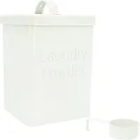 QUVIO Waschmittelbox - Aufbewahrungsbox - Behälter für Waschmittel - Aufbewahrungsschale - Mit Deckel - Weiß - Metall - 15,5 x 15,5 x 23,3 cm